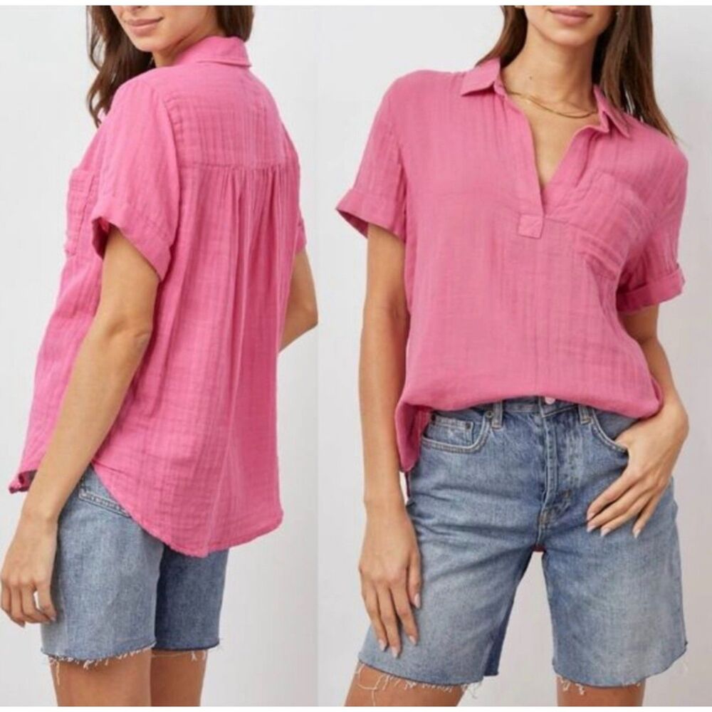 RAILS Savannah Pink Punch Organic Cotton Gauzy Collared Popover Blouse, Sz S
